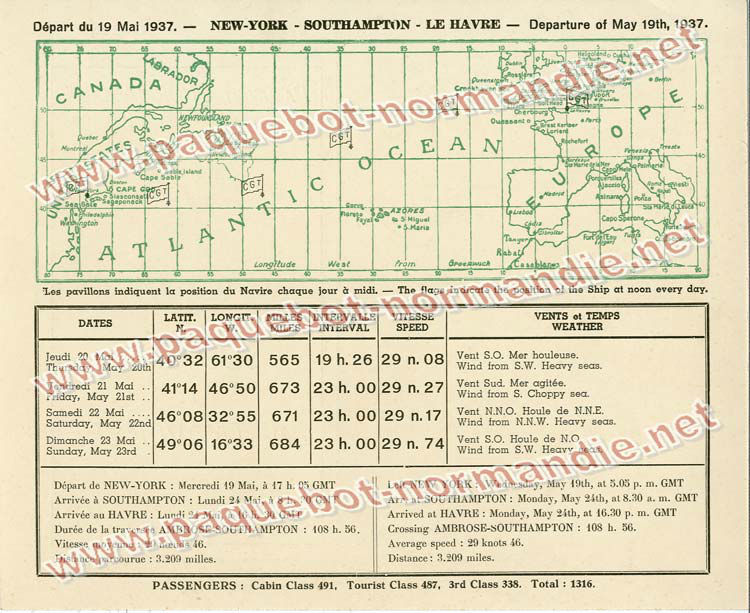 PAQUEBOT NORMANDIE - Carte-souvenir de la traversée du 19 au 23 Mai 1937 - 2