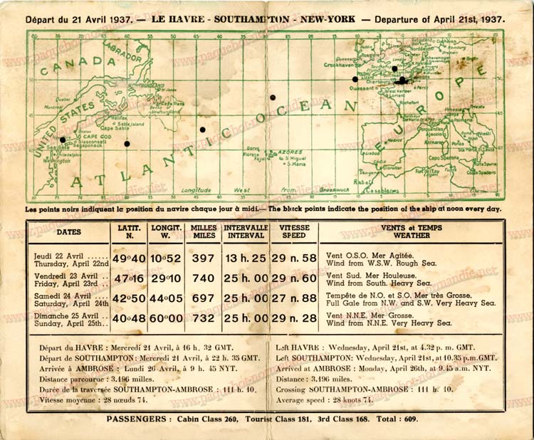 PAQUEBOT NORMANDIE - Carte-souvenir de la traversée du 21 au 25 Avril 1937 - 2