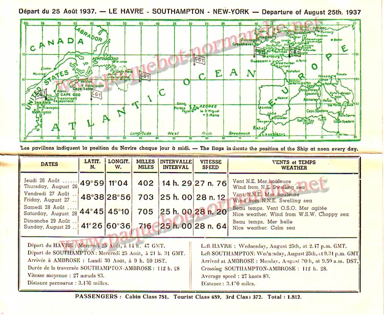 PAQUEBOT NORMANDIE - Carte-souvenir de la traversée du 25 au 30 Aout 1937 - 2