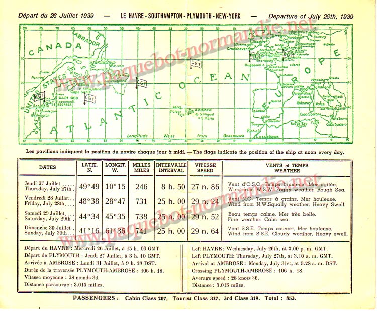 PAQUEBOT NORMANDIE - Carte-souvenir de la traversée du 26 au 31 JUILLET 1939 - 2