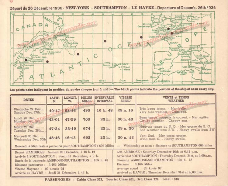 PAQUEBOT NORMANDIE - Carte-souvenir de la traversée du 26 au 31 Décembre 1936 - 2