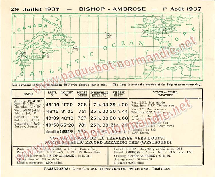 PAQUEBOT SS NORMANDIE - Carte-souvenir de la traversée du 28 Juillet au 1er Aout 1937 - 2