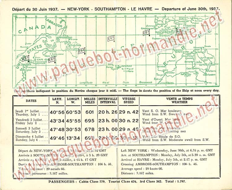 PAQUEBOT NORMANDIE - Carte-souvenir de la traversée du 4 au 8 Aout 1937 - 2